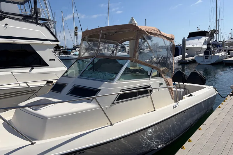 1991 Donzi 255 LXC boat docked at marina, featuring a beige canopy and sleek design.