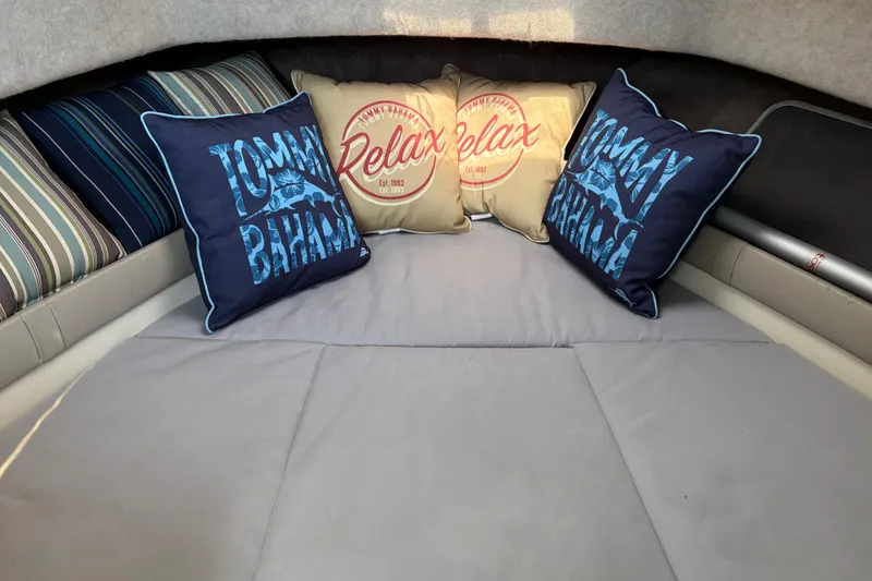 Interior of 1991 Donzi 255 LXC boat with decorative pillows.