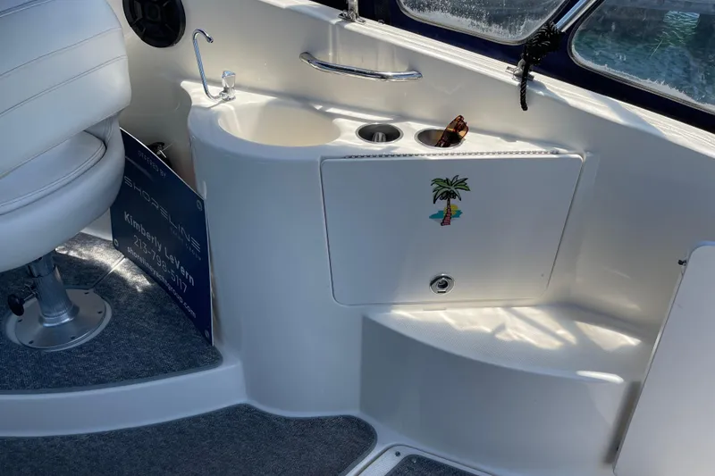2008 Bayliner 265 boat interior with sink, storage, and palm tree decal.