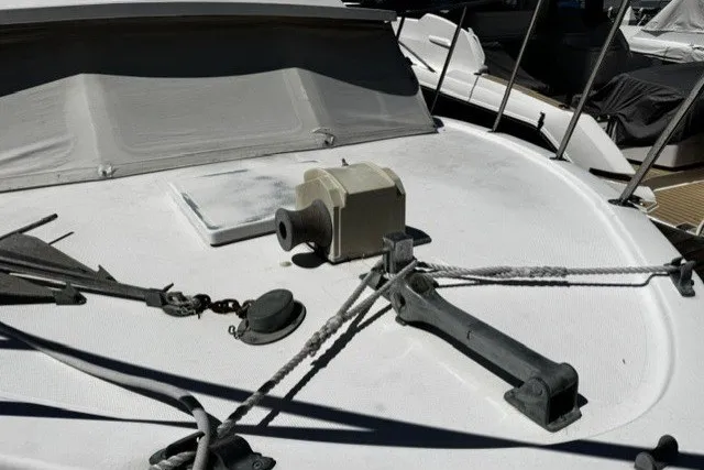 1972 Luhrs 32 Convertible boat deck with anchor and winch system.