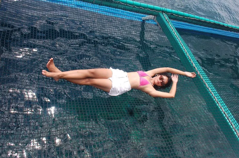 Woman relaxing on netting of 2016 Phinisi Custom Pleasure Cruiser or Dive Boat.