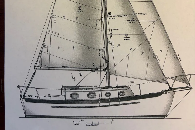 Blueprint of a 2002 Pacific Seacraft Dana 24 sailboat, detailed sail and hull design.