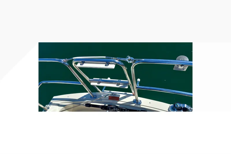 Bow view of 2002 Pacific Seacraft Dana 24 sailboat with stainless steel railings.