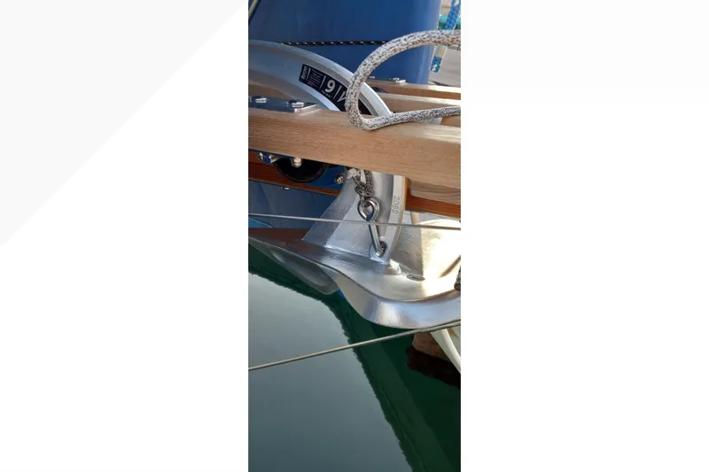 Close-up of a 2002 Pacific Seacraft Dana 24 sailboat anchor and chain detail.