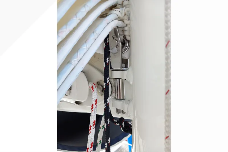 Close-up of rigging on a 2002 Pacific Seacraft Dana 24 sailboat.
