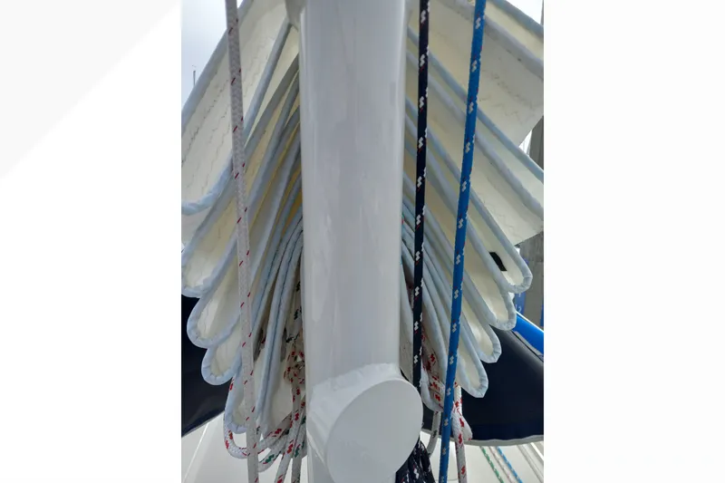 Folded sails and ropes on a 2002 Pacific Seacraft Dana 24 sailboat.