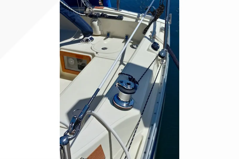 2002 Pacific Seacraft Dana 24 sailboat deck with winches and rigging.