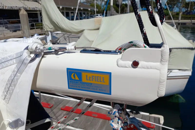 Close-up of Lefiell marine equipment on a 2002 Pacific Seacraft Dana 24 sailboat.