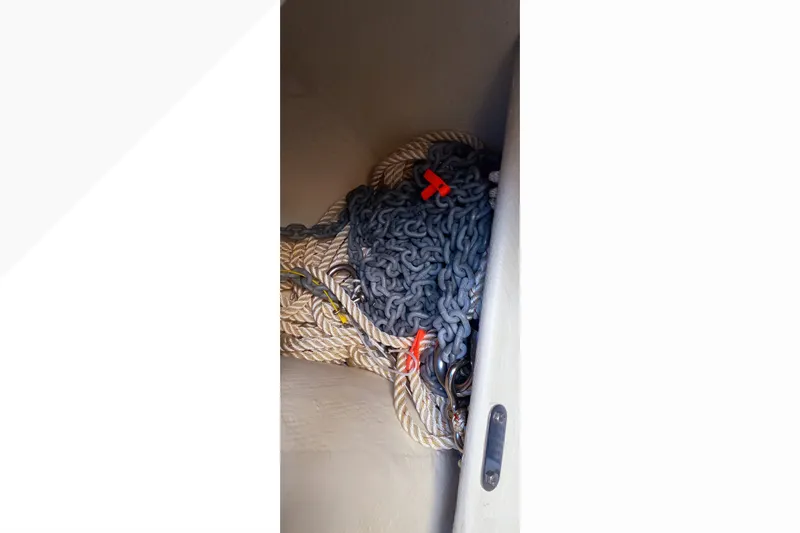 Anchor chain and rope storage on 2002 Pacific Seacraft Dana 24 sailboat.
