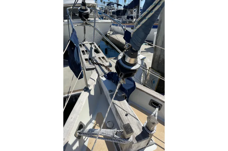 1978 Downeast 38 sailboat deck with rigging and winch details.
