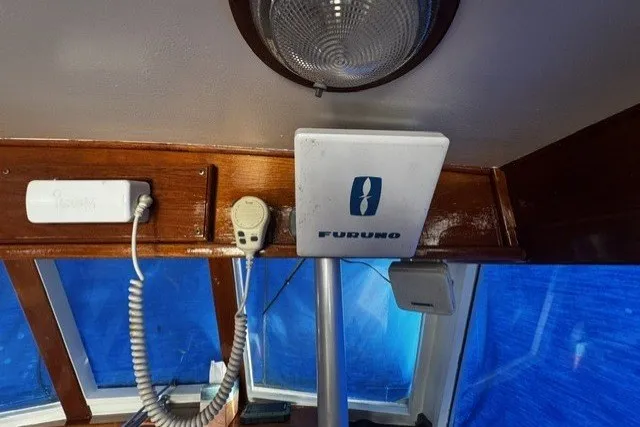 Interior of a 1974 Grand Banks 32 Sedan with Furuno marine equipment.