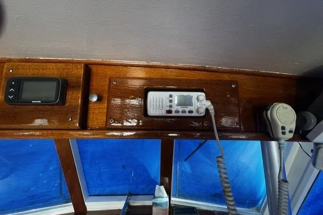 1974 Grand Banks 32 Sedan interior with navigation equipment and radio controls.