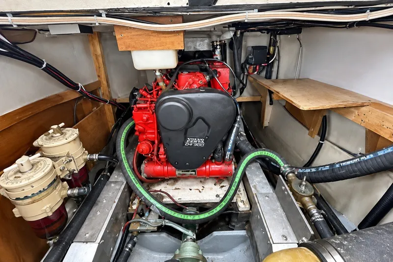 Engine room of a 1974 Grand Banks 32 Sedan with Volvo Penta engine.