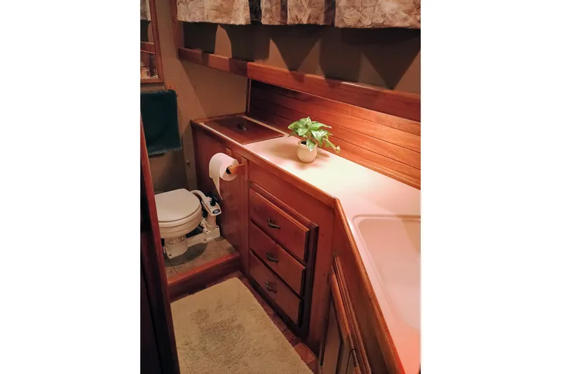 1978 Californian LRC bathroom with wooden cabinetry, toilet, and potted plant.