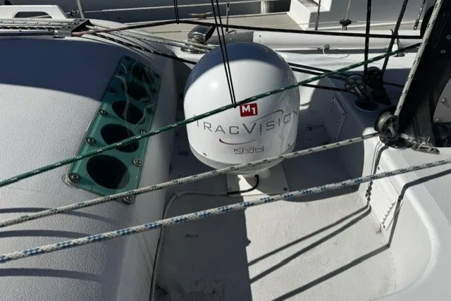 Cockpit of 1973 Custom BILL LEE 40 sailboat with TracVision M1 satellite dome.