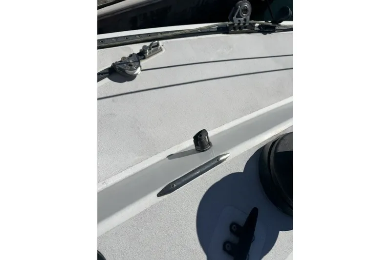 Deck of 1973 Custom BILL LEE 40 sailboat with rigging and fittings visible.