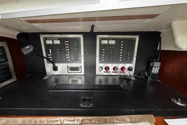 Electrical control panel on a 1973 Custom BILL LEE 40 sailboat.