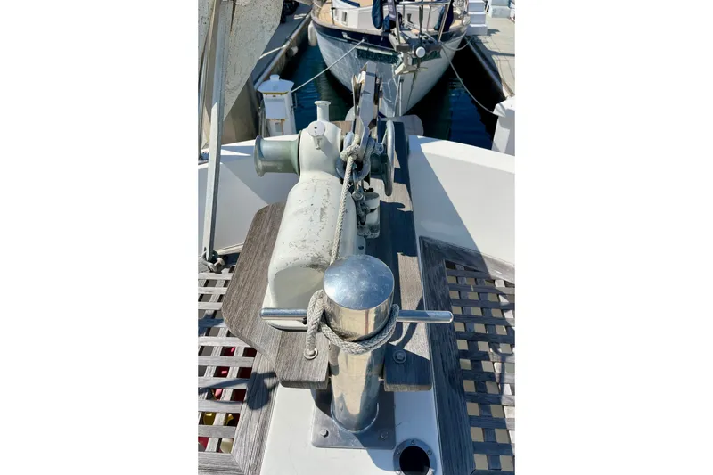1985 CHB 42 boat deck with winch and mooring equipment.