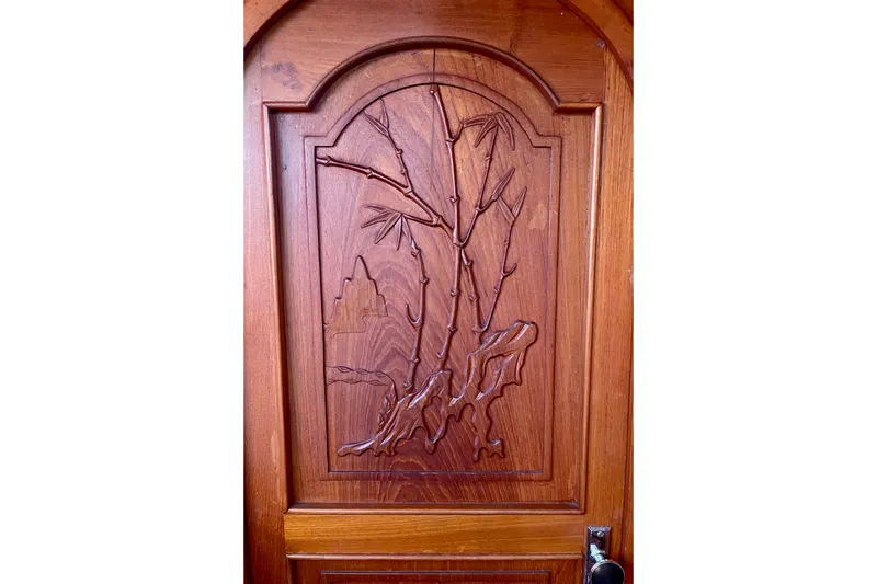Wooden door with bamboo carving, CHB 42 model, 1985 design.