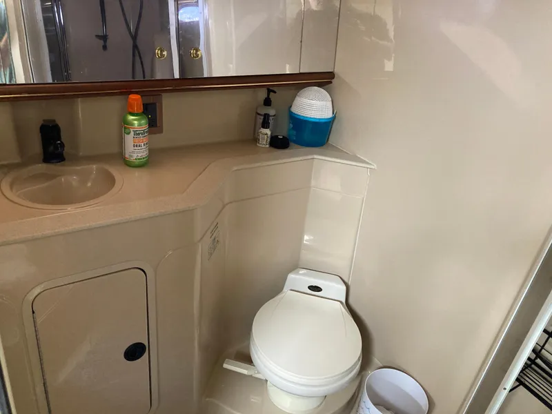 1999 Cruisers Yachts 3870 Esprit bathroom with sink, toilet, and toiletries.