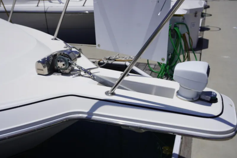 Bow of 1996 Wellcraft 3200 Martinique boat with anchor windlass.