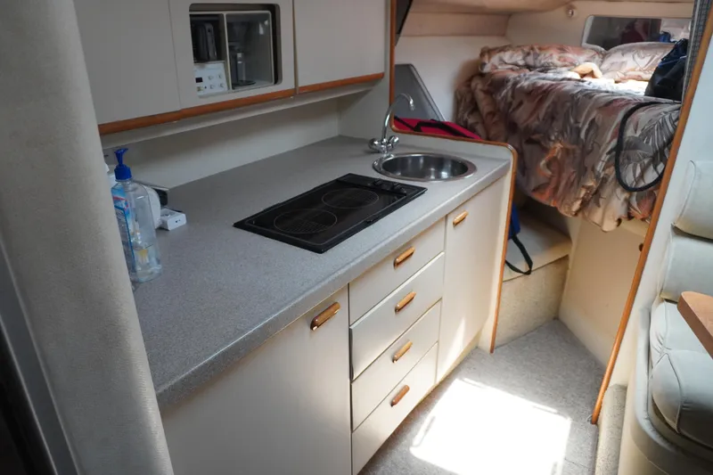 Interior of 1996 Wellcraft 3200 Martinique with kitchen and sleeping area.